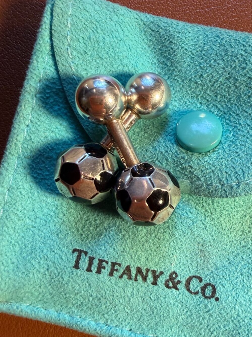 Tiffany sterling silver vintage soccer ball cufflinks with black enamel accents.